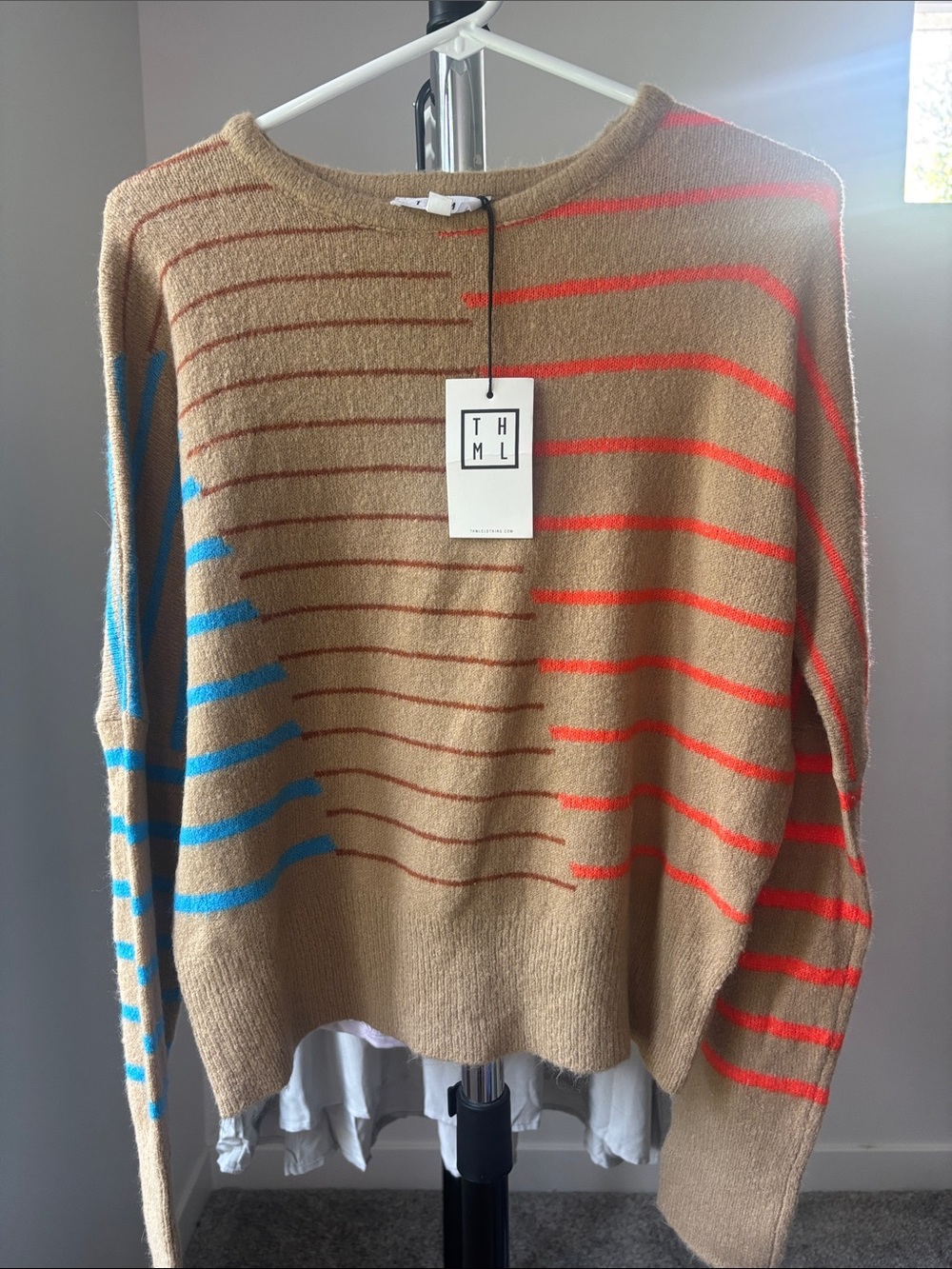 THML Tan Crewneck Sweater with Bright Blue & Neon Orange Stripes